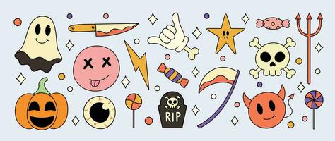 Happy Halloween day 70s groovy vector. Collection of ghost characters, doodle smile face, pumpkin, knife, skull, trident, sickle, lollipop. Cute retro groovy hippie design for decorative, sticker. vector