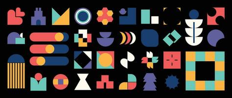 Set of abstract retro geometric shapes vector. Collection of contemporary figure, flower, heart, sparkle in 70s groovy style. Bauhaus Memphis design element perfect for banner, print, stickers, decor. vector