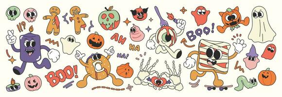 Happy Halloween day 70s groovy vector. Collection of ghost characters, doodle smile face, pumpkin, skull, bread, donut, candle, cookie. Cute retro groovy hippie design for decorative, sticker. vector