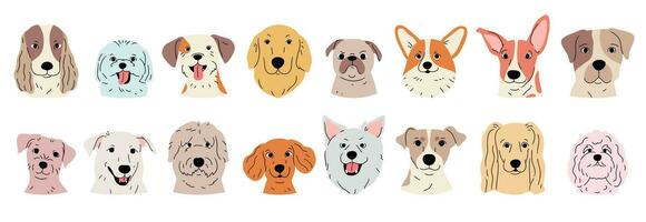 Cute and smile dog heads doodle vector set. Comic happy dog faces character design of corgi, beagle, poodle with flat color isolated on white background. Design illustration for sticker, comic, print.