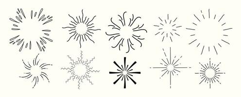 Set of cute starburst doodle element vector. Hand drawn doodle style collection of different starburst, sparkle, firework. Illustration design for print, cartoon, card, decoration, sticker, icon. vector