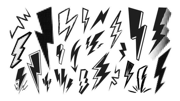 Set of thunderbolt doodle element vector. Hand drawn doodle style collection of different electric lightning bolt symbol. Illustration design for print, cartoon, card, decoration, sticker, icon.