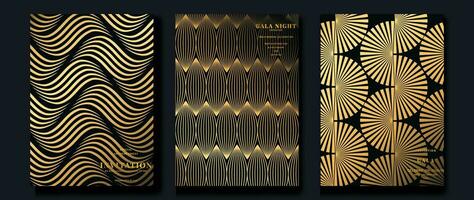 Luxury gala invitation card background vector. Golden elegant wavy gold line pattern on black background. Premium design illustration for wedding and vip cover template, grand opening. vector