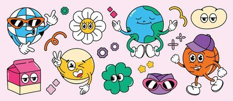 Set of 70s groovy element vector. Collection of cartoon characters, doodle smile face, wireframe, ball, world, carton, flower, basketball. Cute retro groovy hippie design for decorative, sticker. vector