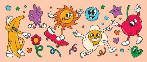 Set of 70s groovy element vector. Collection of cartoon characters, doodle smile face, banana, egg, sun, skateboard, cherry, star. Cute retro groovy hippie design for decorative, sticker. vector