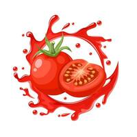 Vector illustration, cherry tomatoes whole and half, with splashes of juice, isolated on white background.