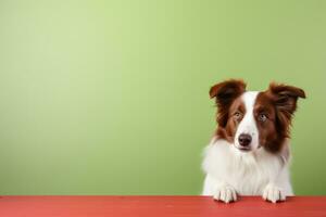 Portrait of a cute border collie puppy looking around the corner of an lime green empty board, AI Generated photo