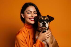 young adult woman holding her dog on orange background , AI Generated photo