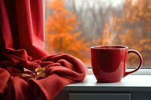 Cup of hot tea on window, red plaid and curtain , rain outside. AI Generated photo