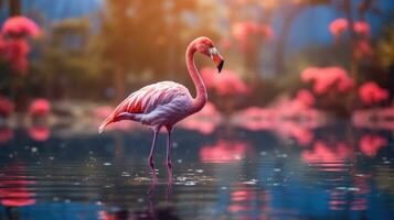 closeup of pink flamingo in wild nature, AI Generated photo