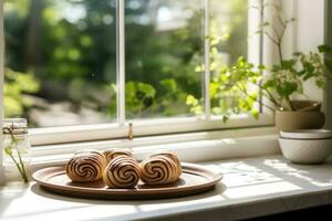 Chocolate Swiss Roll Cake coated with Chocolate Chips on table top, AI Generated photo