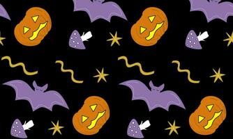 Seamless cartoon pattern pumpkin orange color bat fly agaric halloween black background Vector EPS10