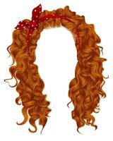 long curly hairs with red bow.   ginger redhead  colors  .  beauty fashion style . wig . vector