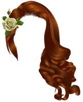 woman long curly hairs with flower.white rose. red colors.retro style. beauty fashion. realistic 3d. vector