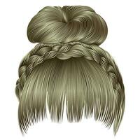 bun with plait and fringe. hairs blond light colors . women fashion beauty style . vector