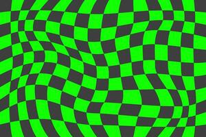 Checkerboard pattern. Black and green psychedelic wavy background. Abstract grid warp texture. Y2k chessboard rave geometric design. Vector illustration.