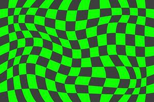 Checkerboard pattern. Black and green psychedelic wavy background. Abstract grid warp texture. Y2k chessboard rave geometric design. Vector illustration.