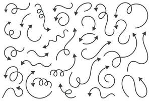 Arrows vector set. Curved hand drawn elements. Doodle outline black stroke. Simple cartoon swirl scribble isolated on white background.