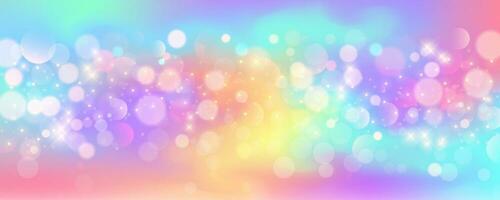 Rainbow unicorn pastel background with glitter stars. Pink wavy fantasy sky. Holographic space with bokeh. Fairy iridescent gradient backdrop. Vector