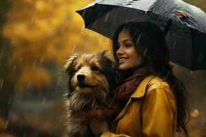 portrait of young woman walking her dog in the park in autumn day, AI Generated photo