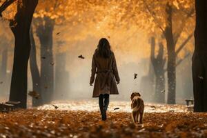 joven mujer caminando su perro en el parque en otoño día, ai generado foto