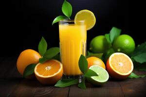 Refreshing citrus juice on wooden background, AI Generated photo