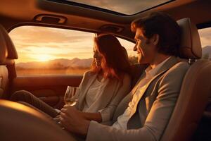 Happy couple enjoying road trip together, photo