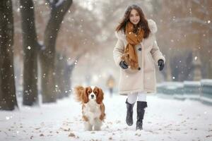 young woman walking her dog in the park in snowy winter day, AI Generated photo