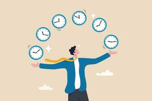 Time management, punctuality or work deadline, schedule plan or reminder, productivity expert or timer countdown, expertise concept, confidence businessman expert juggling clock in difference time. vector