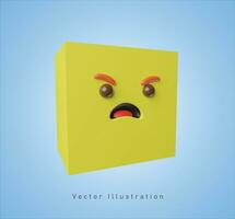 amarillo cubo con enojado cara en 3d vector ilustración