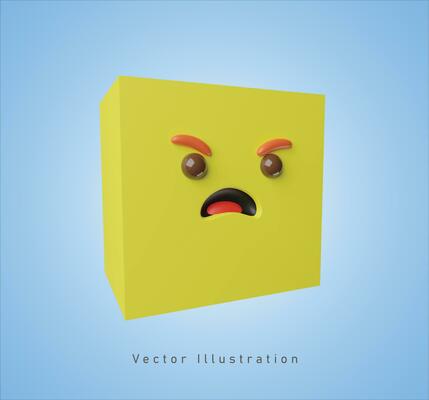 yellow cube with angry face in 3d vector illustration