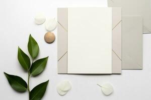 Wedding Invitation Cards Papers Laying on Table Decorate With Leaves, AI Generated photo