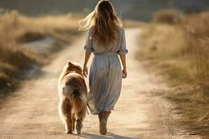 joven mujer caminando su perro en el parque en otoño día, ai generado foto