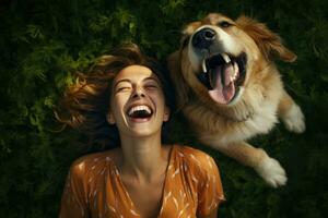 riendo mujer y su perro acostado en el drass juntos, parte superior vista, ai generado foto