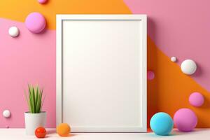 Blank mockup photo frame on colorful wall with decorations, AI Generated