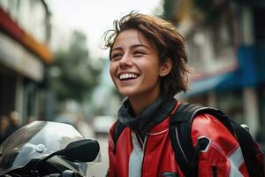 Young cool woman wearing motorcycle gear and helmet, AI Generated photo