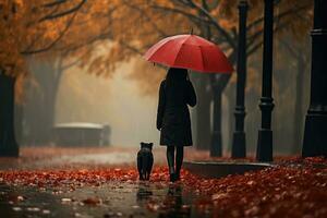 joven mujer caminando su perro en el parque en otoño día, ai generado foto