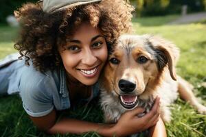 laughing woman and her dog lying on the drass together, top view, AI Generated photo