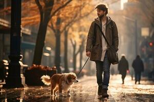 young man walking dog in the city in autumn day, AI Generated photo