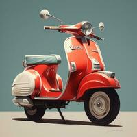 rojo retro scooter aislado en azul fondo, dibujos animados estilo, ai generado foto