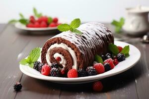 Chocolate Swiss Roll Cake coated with Chocolate Chips on table top, AI Generated photo