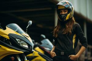 joven frio mujer vistiendo motocicleta engranaje y casco, ai generado foto