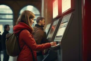 Woman using ATM machine at subway station , AI Generated photo