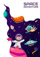 espacio aterrizaje página. dibujos animados niño astronauta, extraterrestre vector