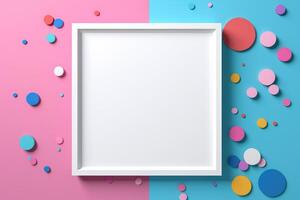 Blank mockup photo frame on colorful wall with decorations,