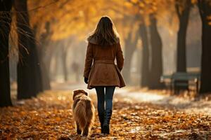 joven mujer caminando su perro en el parque en otoño día, ai generado foto