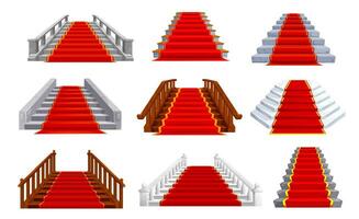 Castle stone and wooden staircases with red carpet vector