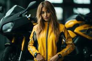 joven frio mujer vistiendo motocicleta engranaje y casco, ai generado foto
