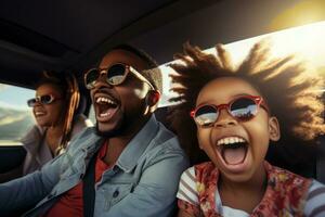 contento africano americano familia de padre y niños disfrutando la carretera viaje juntos, ai generativo foto