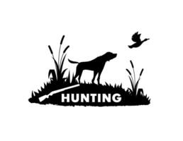 Hunting emblem with dog, flying duck and rifle vector